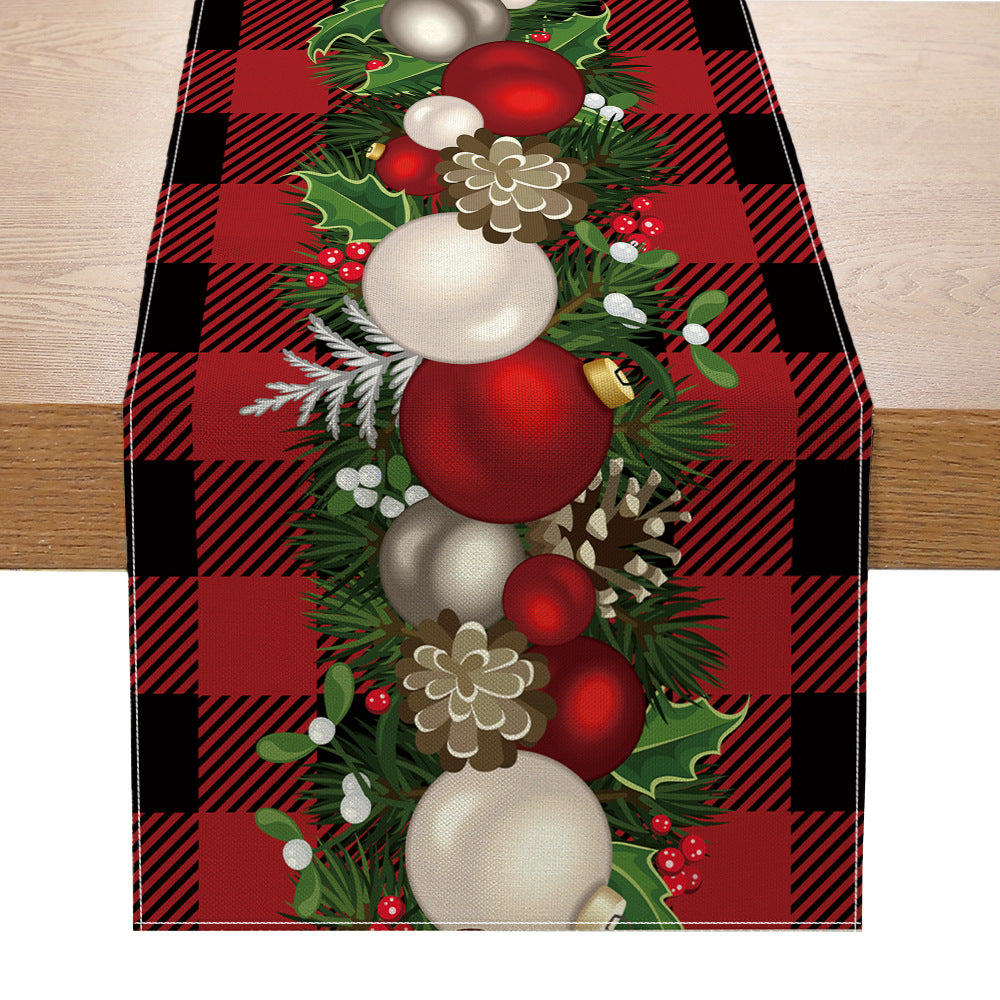 Holiday Buffalo-Check Cotton-Linen Decorative Table Runner with Golden Bells Wreath and Candy Cane Motif