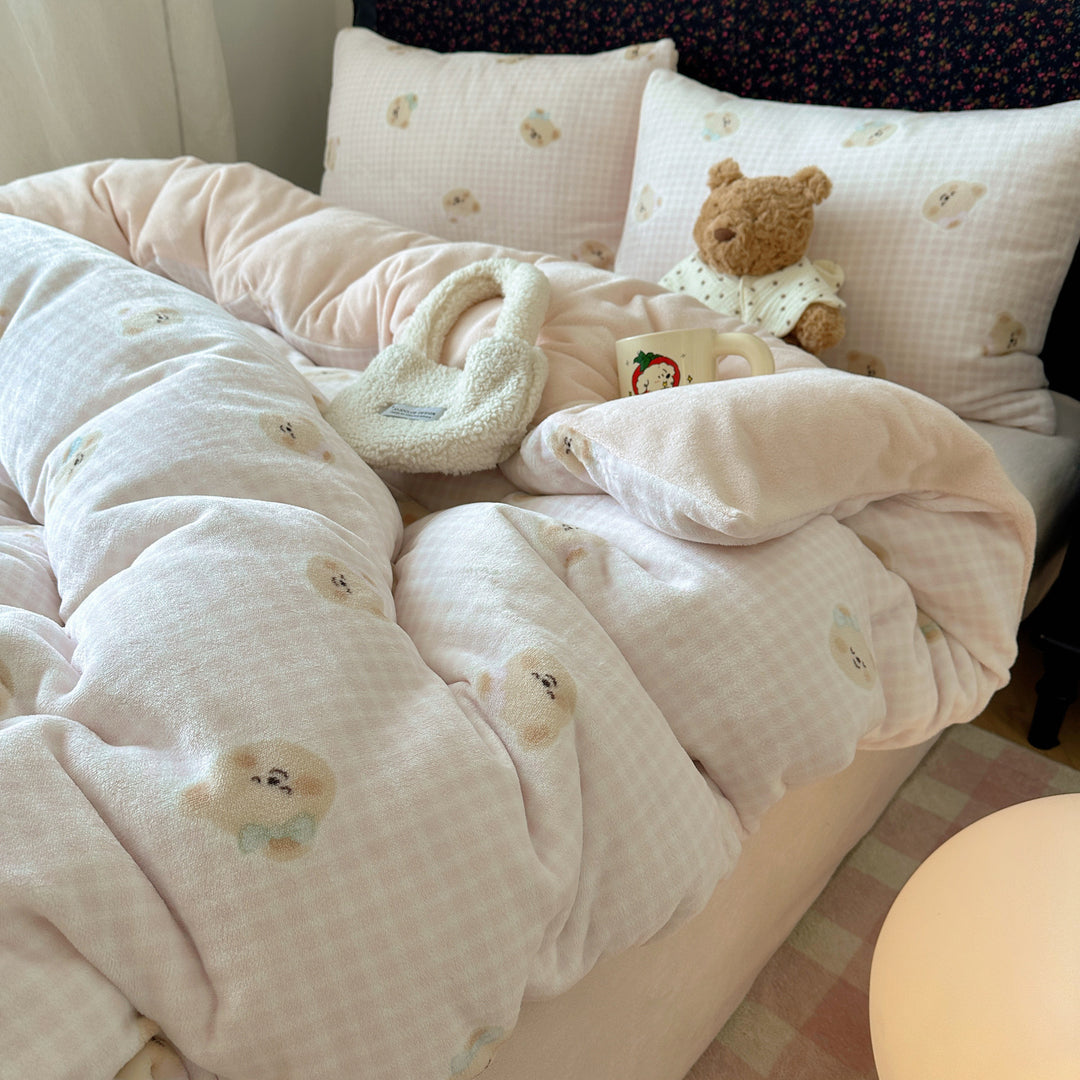 Children's Plush Reversible Teddy Patchwork Comforter Bed Set