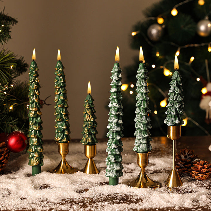 Festive Sculpted Pine Taper Candle Trio with Brass Holders