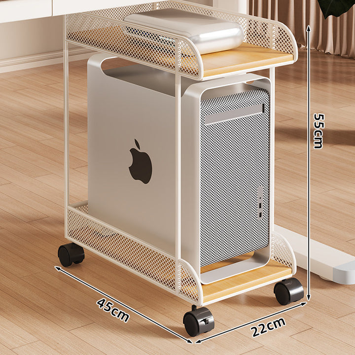 Mobile Desktop CPU Tower Stand with Mesh Side Guards Wooden Base and Locking Casters