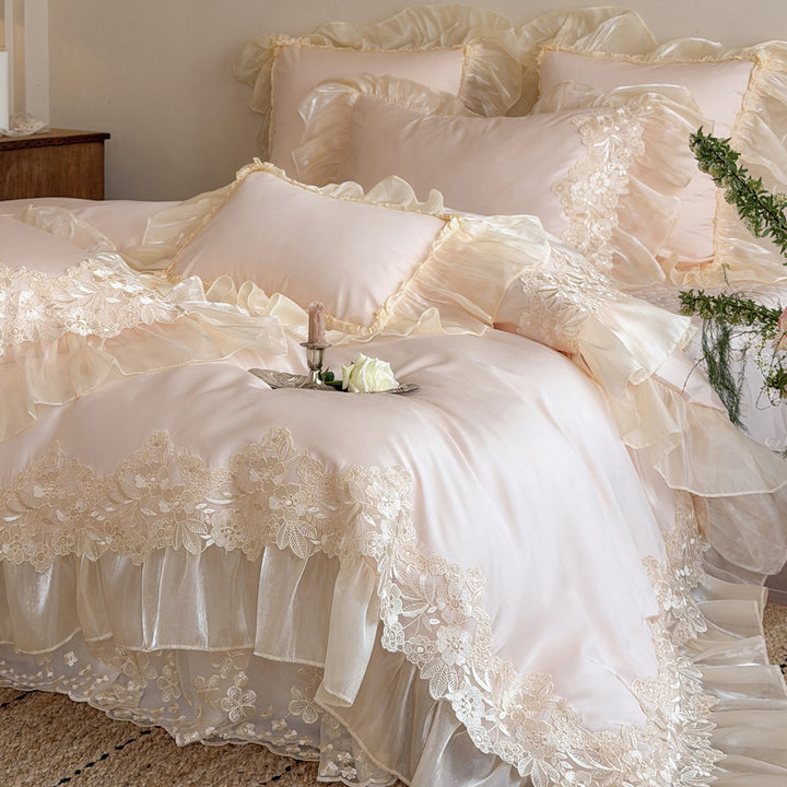 Romantic Organza-Ruffled Lace-Edge Duvet Cover Set with Frilled Pillow Shams