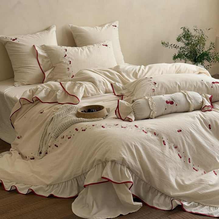Embroidered Cherry Ruffle Cotton-Linen Duvet Cover Set with Decorative Bolster