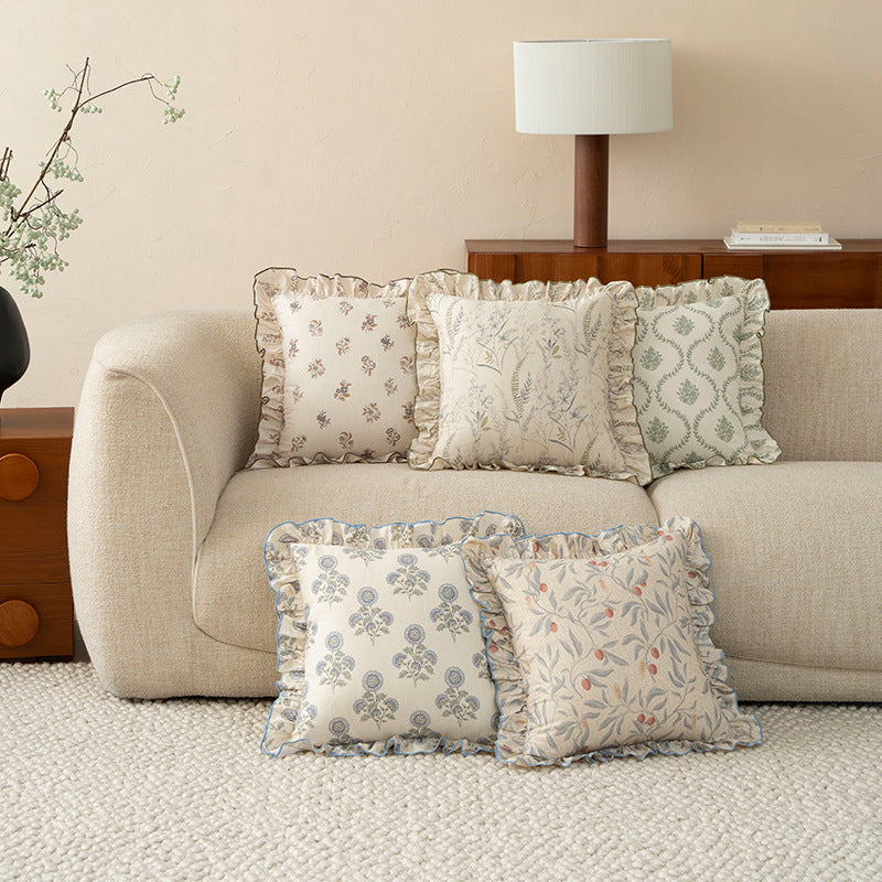 Decorative cushion with ruffles and botanical linen pattern Stornfield