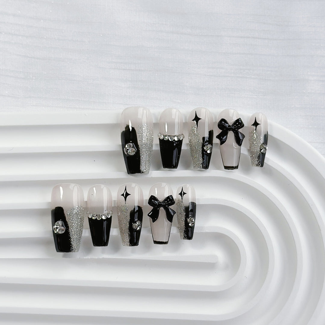 Artistic Press-On Nail Art Set with Heart and Celestial Designs