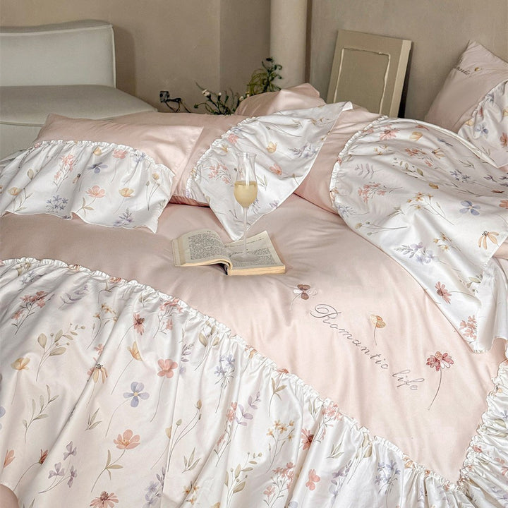 Ruffled Floral Cotton Sateen Duvet Cover Set with Pillow Shams and Bed Skirt