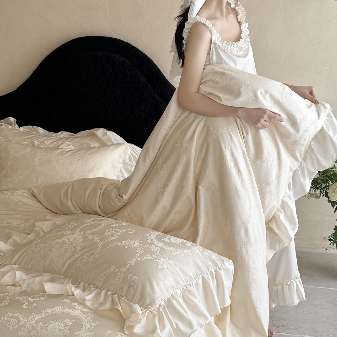 Embossed Damask Duvet Cover Set with Ruffle-Edge Shams and Reversible Sateen Lining
