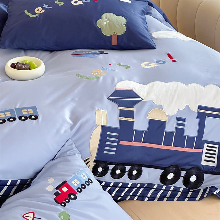 Children's duvet cover set with pull application made of cotton satin and reversible function