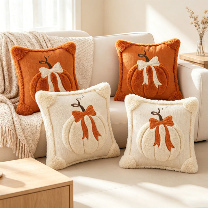 Autumn Pumpkin Chenille Tufted Square Throw Pillow Cover with Plush Raised Motif