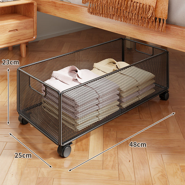 Underbed Low-Profile Metal Mesh Storage Drawer on Casters