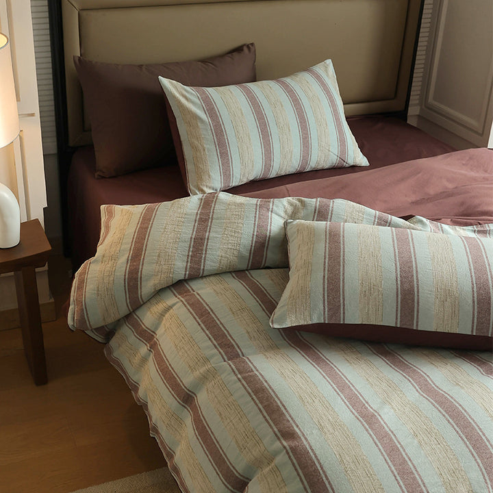 Striped Textured Cotton-Linen Reversible Duvet Cover Set with Pillow Shams
