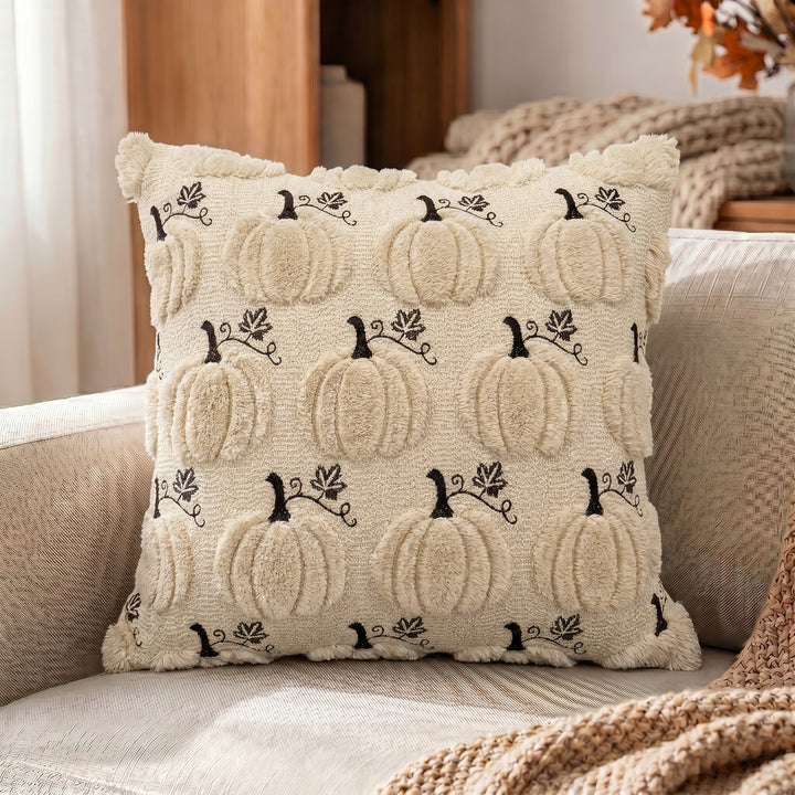 Autumn Plush Decorative Throw Pillow with Dimensional Pumpkin Applique