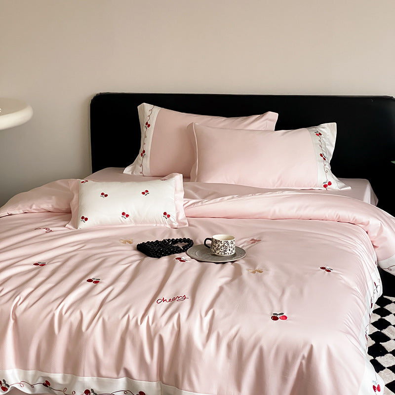 Embroidered Cherry Cotton Sateen Duvet Cover Set with Decorative Border and Pillow Shams