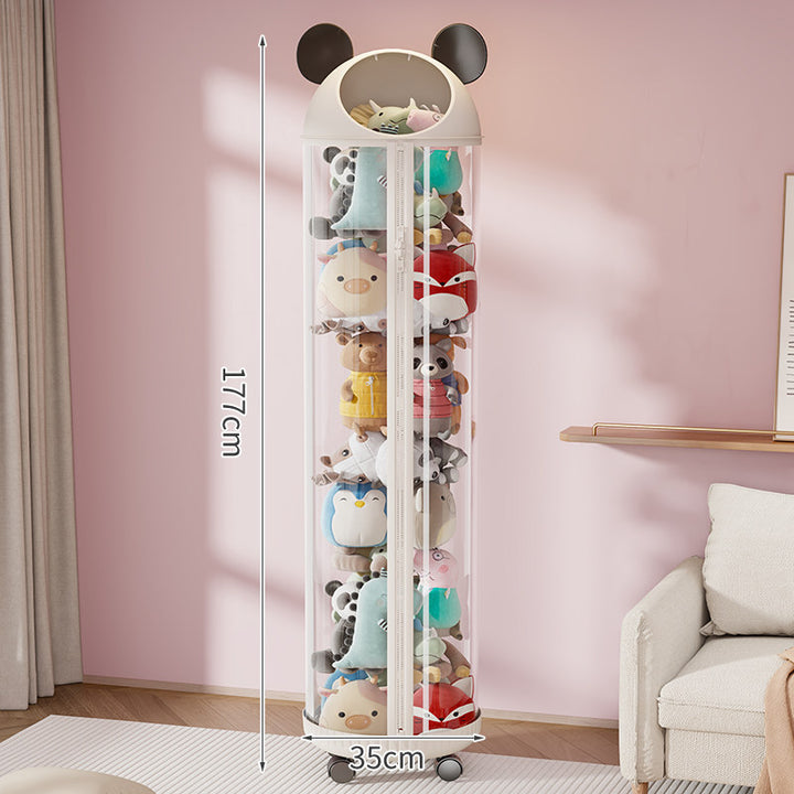 Vertical Clear Cylinder Plush Toy Storage Tower with Divided Shelves and Caster Base