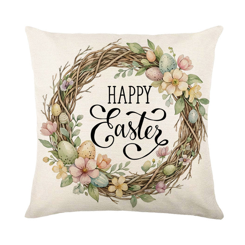 Easter Blossom Linen Throw Pillow Cover with Watercolor Eggs