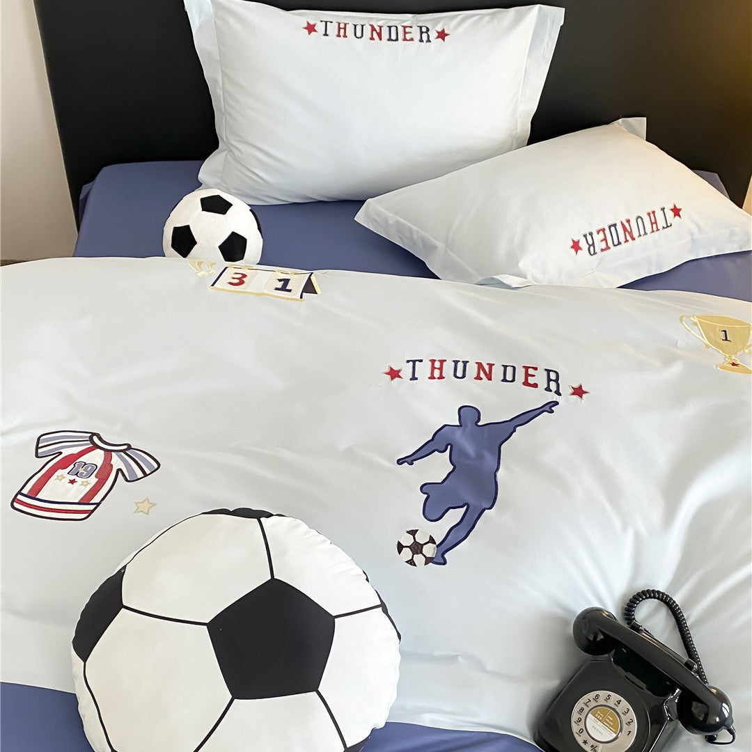 Soccer-Themed Cotton Sateen Duvet Cover Set with Embroidered Player Motif and Pillow Shams