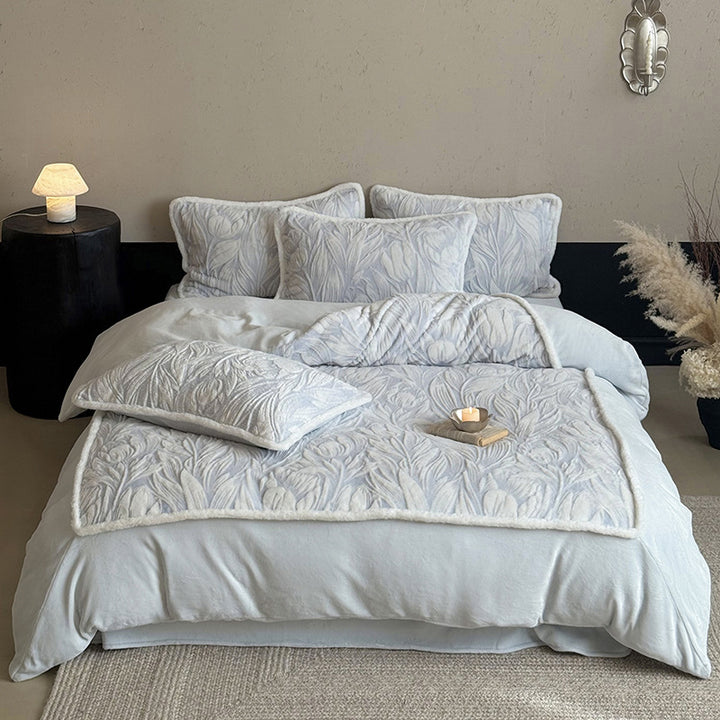 Botanical Embossed Quilted Duvet Cover Ensemble with Sherpa-Trim Reversible Throw and Euro Shams