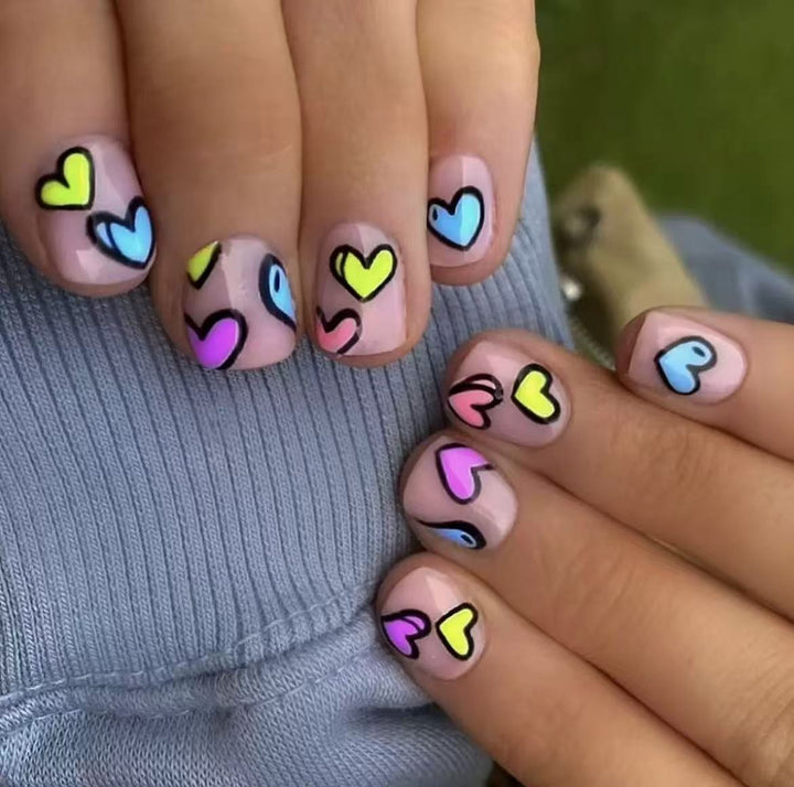Acrylic Nail Set with Colorful Heart Designs Stornfield