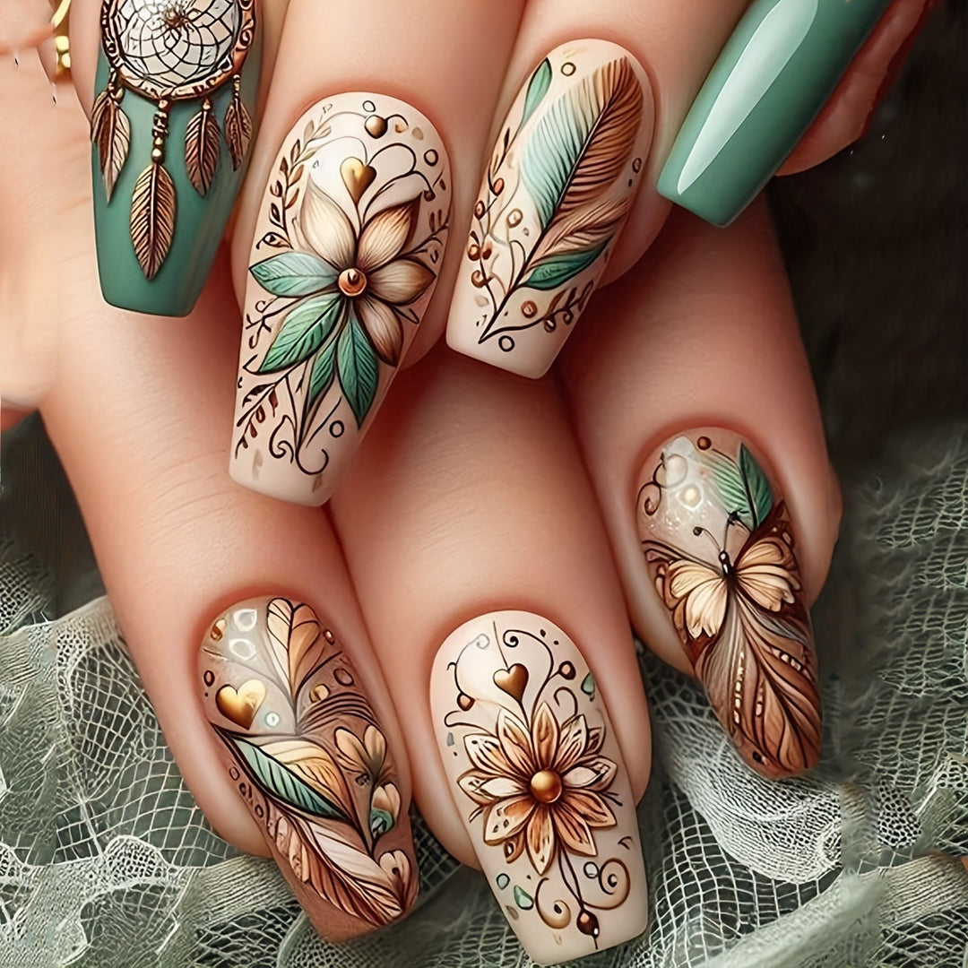 Creative artificial nails with floral and dreamcatcher design elements Stornfield
