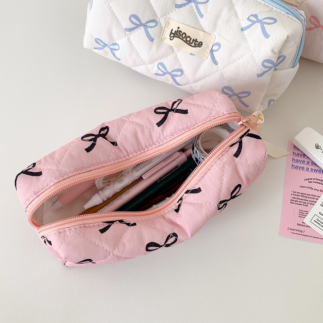 Quilted Bow-Embellished Pencil Case