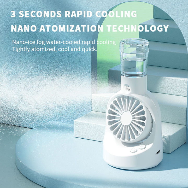Cooling portable misting handheld fan with detachable water reservoir and adjustable-angle stand Stornfield