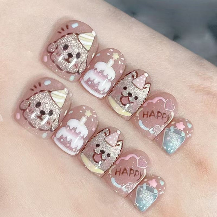 Artistic Press-On Nail Set with Floral and Glossy Accents Stornfield
