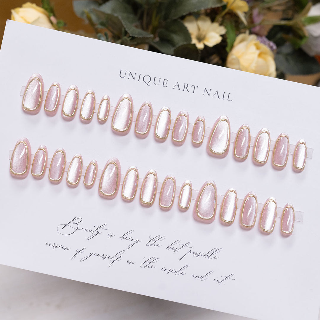 Elegant Almond-SHAPED Press-On Nails with Gold Trim