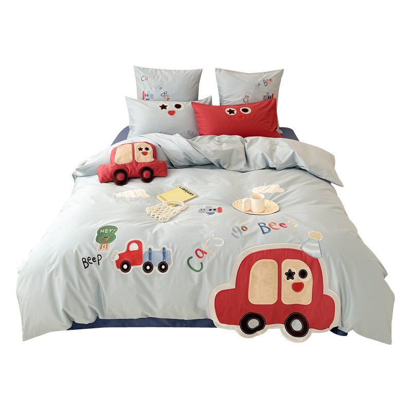 Children's duvet cover set with 3D car application and embroidered design made of softly woven cotton satin