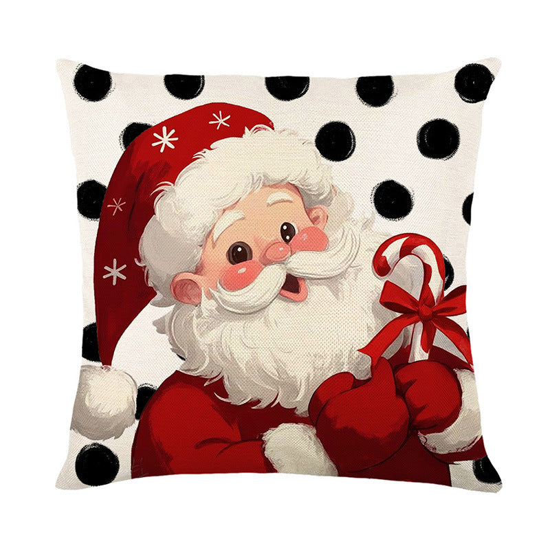 Square Cotton-Linen Decorative Throw Pillow Cover with Cartoon Reindeer and Polka Dot Print