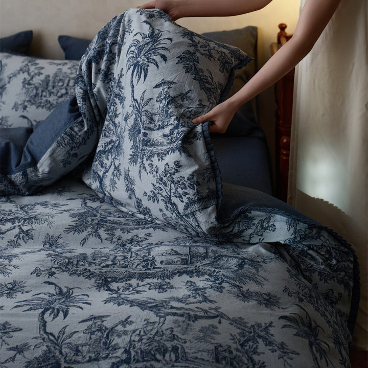 Reversible Toile-Print Linen-Blend Duvet Cover Set with Textured Reverse
