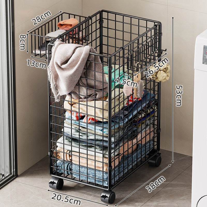 Tall Rolling Metal Laundry Basket with Vertical Slats and Swivel Casters