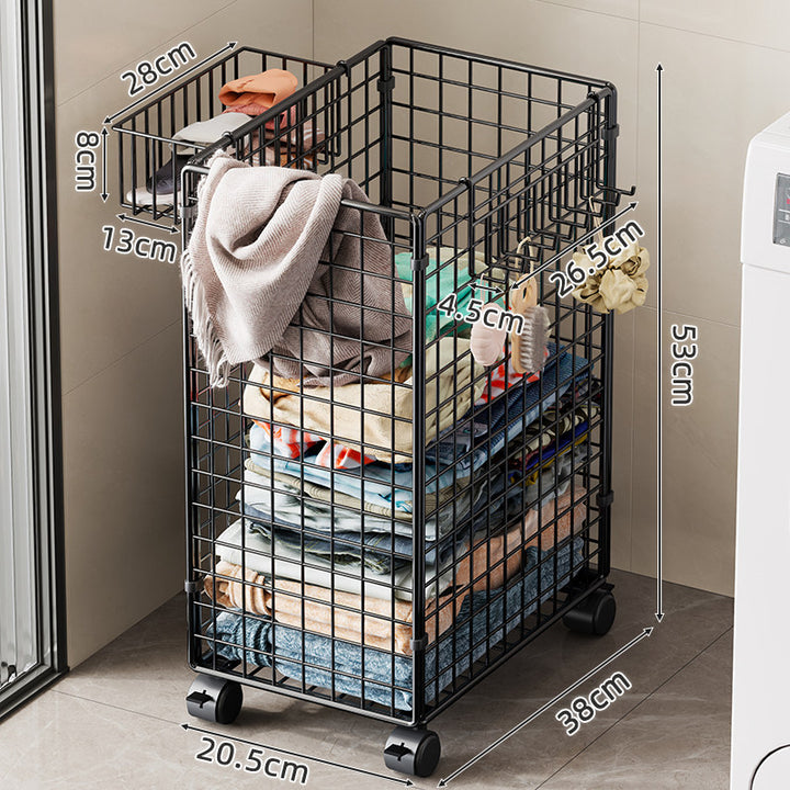 Tall Rolling Metal Laundry Basket with Vertical Slats and Swivel Casters