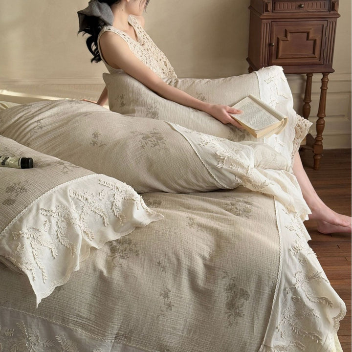 Vintage Floral Embroidered Ruffled Duvet Cover Set