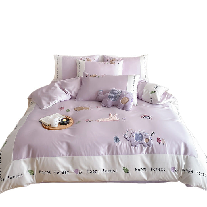 Playful Elephant Embroidered Satin-Feel Duvet Cover Set
