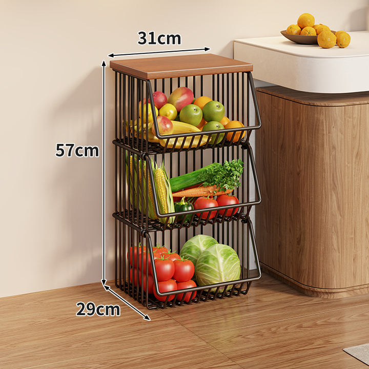 Compact Triple-Tier Rolling Wire Vegetable and Fruit Storage Cart with Wooden Top