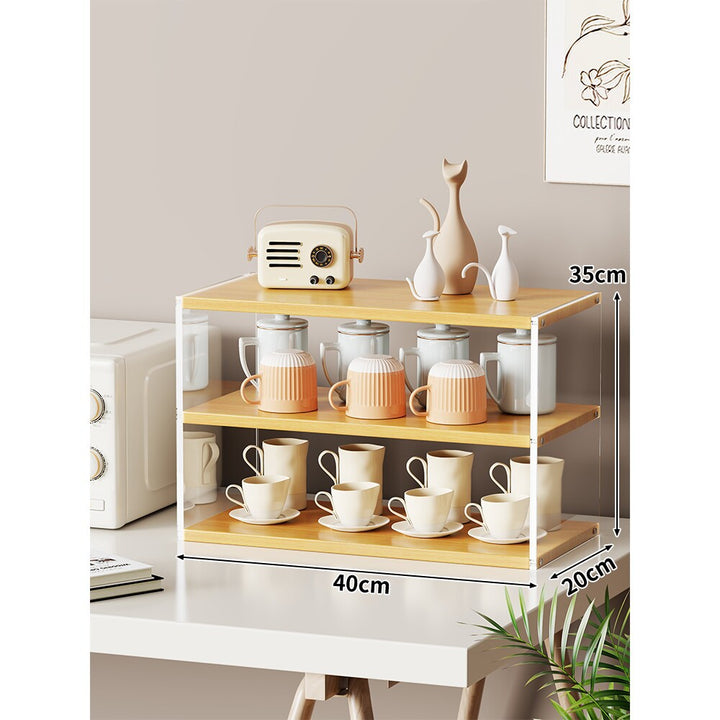 Multi-Level Bamboo-Style Countertop Kitchen Mug and Canister Organizer Shelf with Open Wood Shelves and Slim Metal Frame