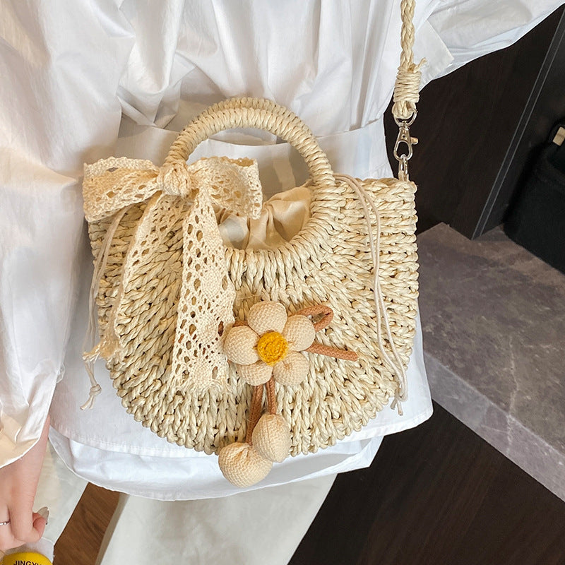 Handcrafted Floral Accent Straw Tote Bag