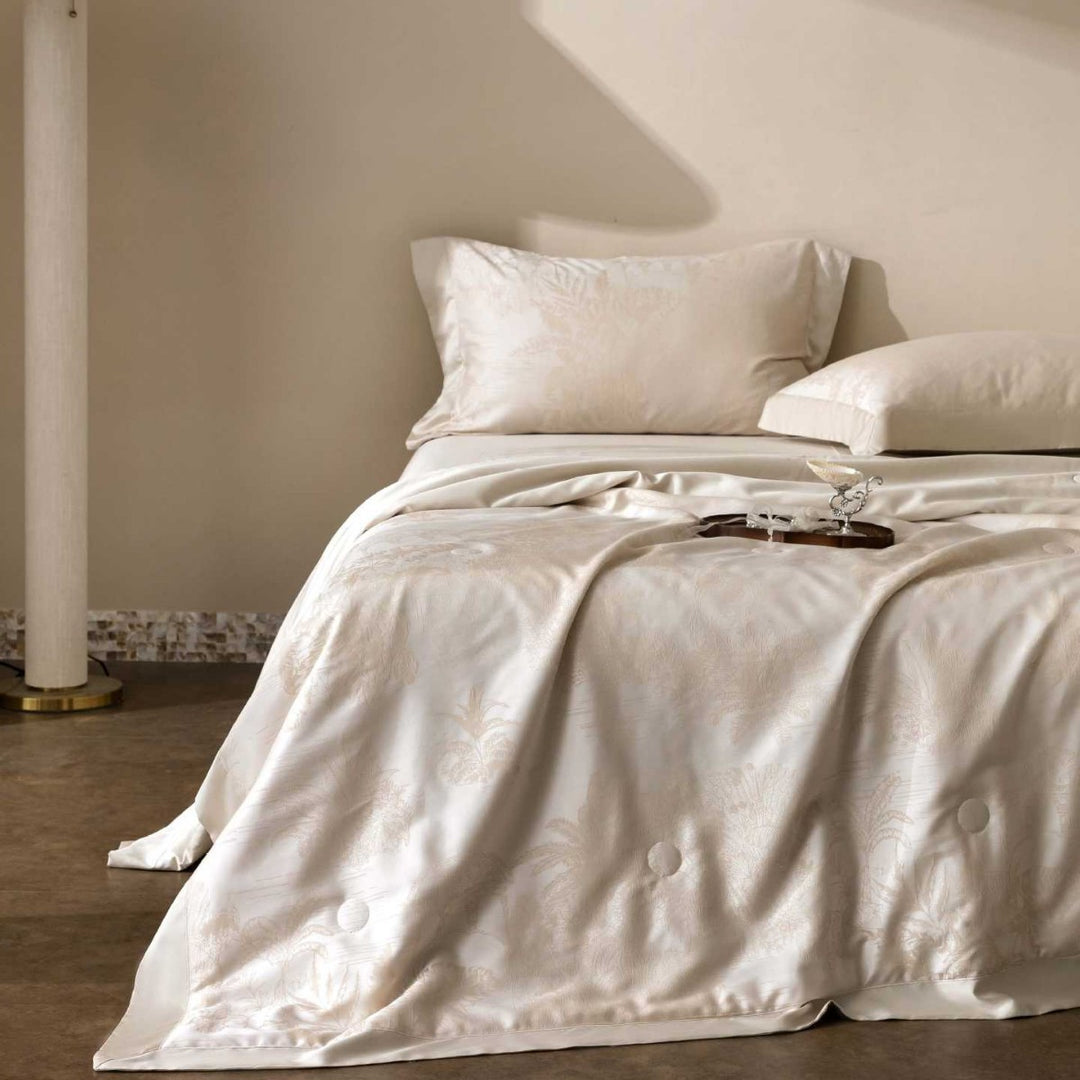 Premium cotton satin bedding set with fine toile pattern and hem decoration