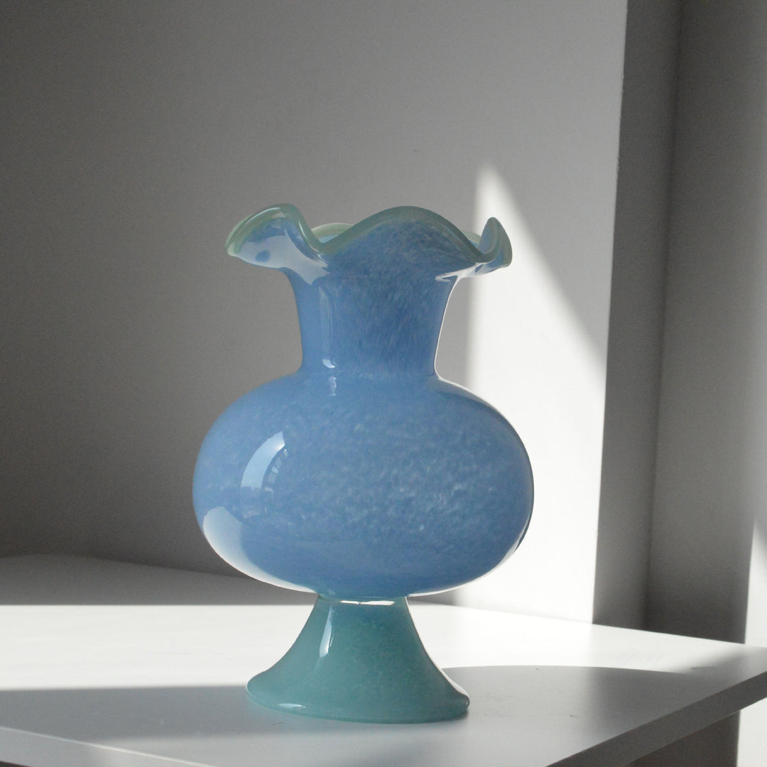 Handblown Ruffled-Rim Bulb-on-Pedestal Art Glass Vase Stornfield