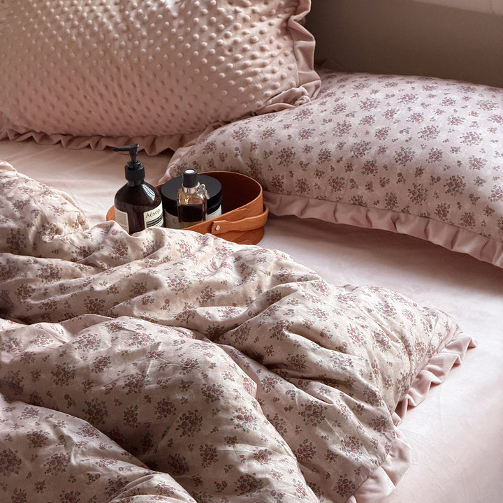 Ruffled Gingham Cotton Duvet Cover Set with Embroidered Motif and Pillow Shams