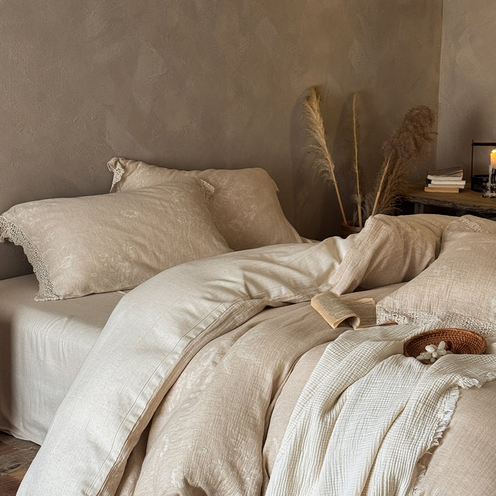 Reversible Cotton-Linen Duvet Cover Set with Crochet Lace Hem