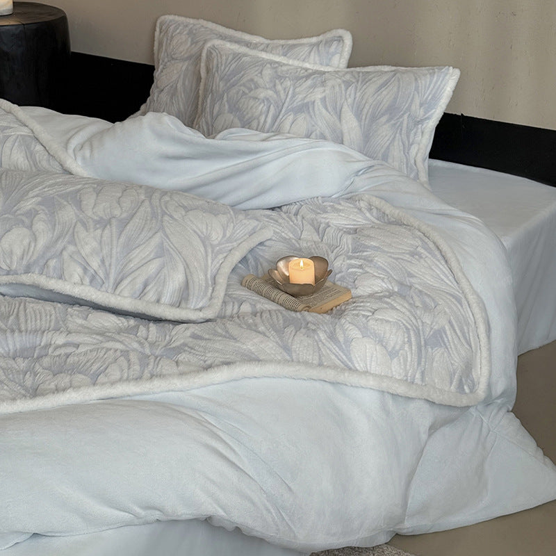 Botanical Embossed Quilted Duvet Cover Ensemble with Sherpa-Trim Reversible Throw and Euro Shams
