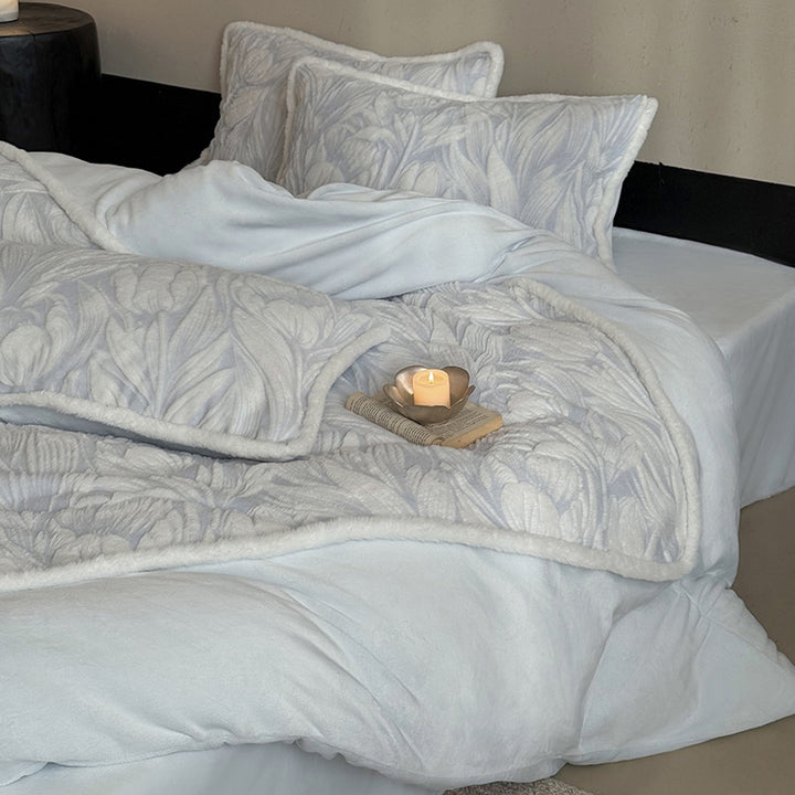 Botanical Embossed Quilted Duvet Cover Ensemble with Sherpa-Trim Reversible Throw and Euro Shams