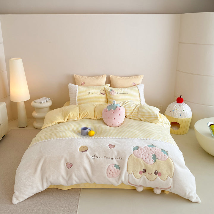 Children's bedding set with embroidered strawberry appliqué, cuddly reversible cover and Vichy check