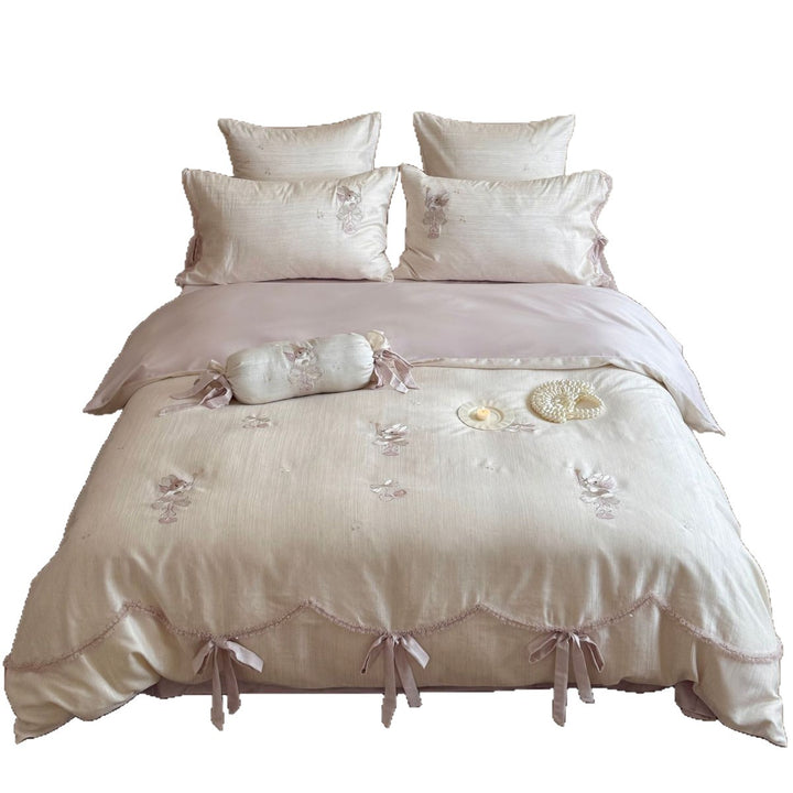 Ruffled Embroidered Bunny Cotton-Linen Duvet Cover Set with Tie Bow Shams & Bolster