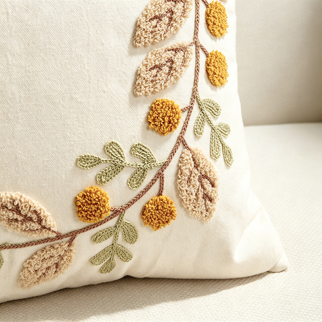 Embroidered Cozy Autumn Throw Pillow with Textured Pom Accents