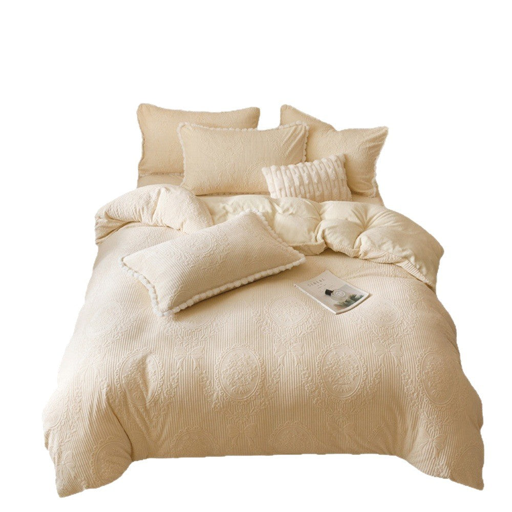 Quilted Medallion Embossed Duvet Cover Set with Pom-Pom Trim and Pillow Shams