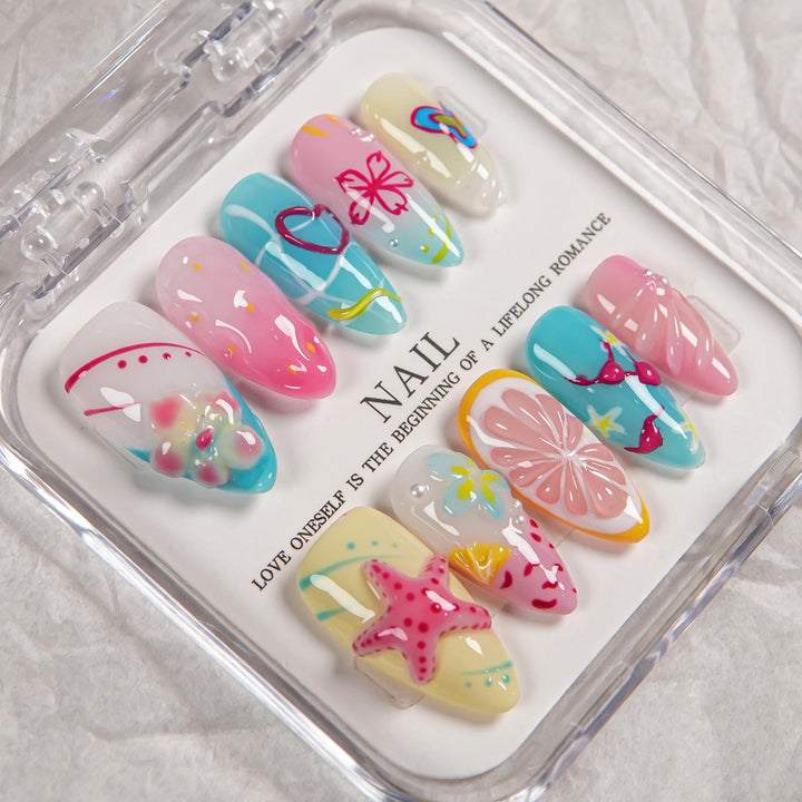 Artistic Press-On Nail Set Featuring Summer Designs
