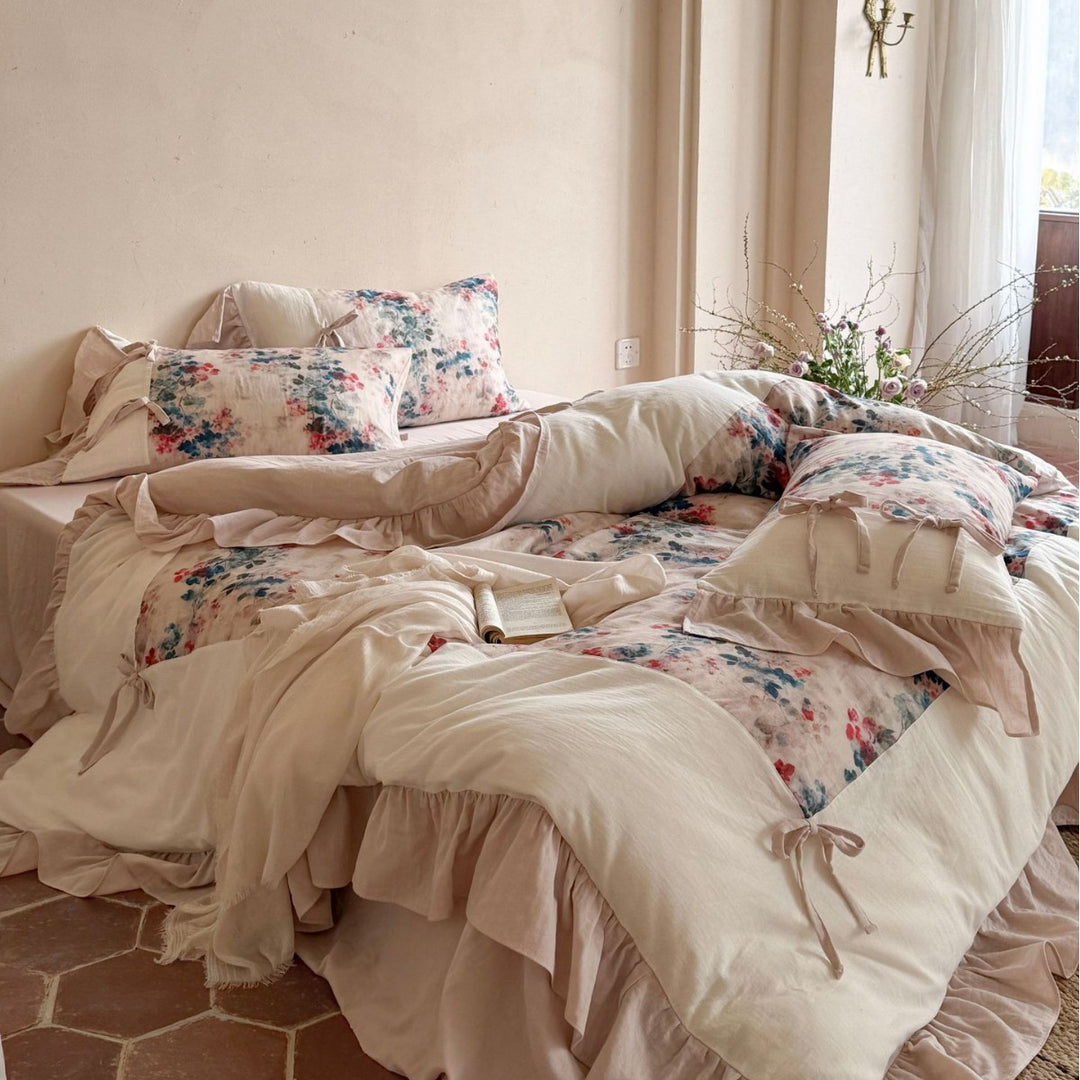 Floral Ruffled Cotton-Linen Duvet Cover Set with Tied Pillow Shams and Ruffled Bedskirt