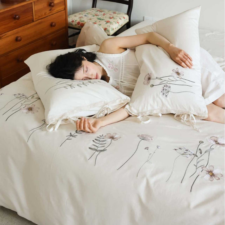 Floral Embroidered Cotton Duvet Cover Set with Tie-Sham Detailing