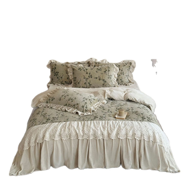 Romantic bedding set with ruffles, lace trim and bed skirt